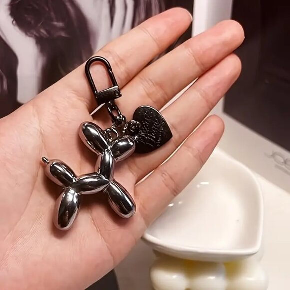 Set of 2 Cute Balloon Dog with ball & heart Charm Keychains Mirror - Picture 3 of 7